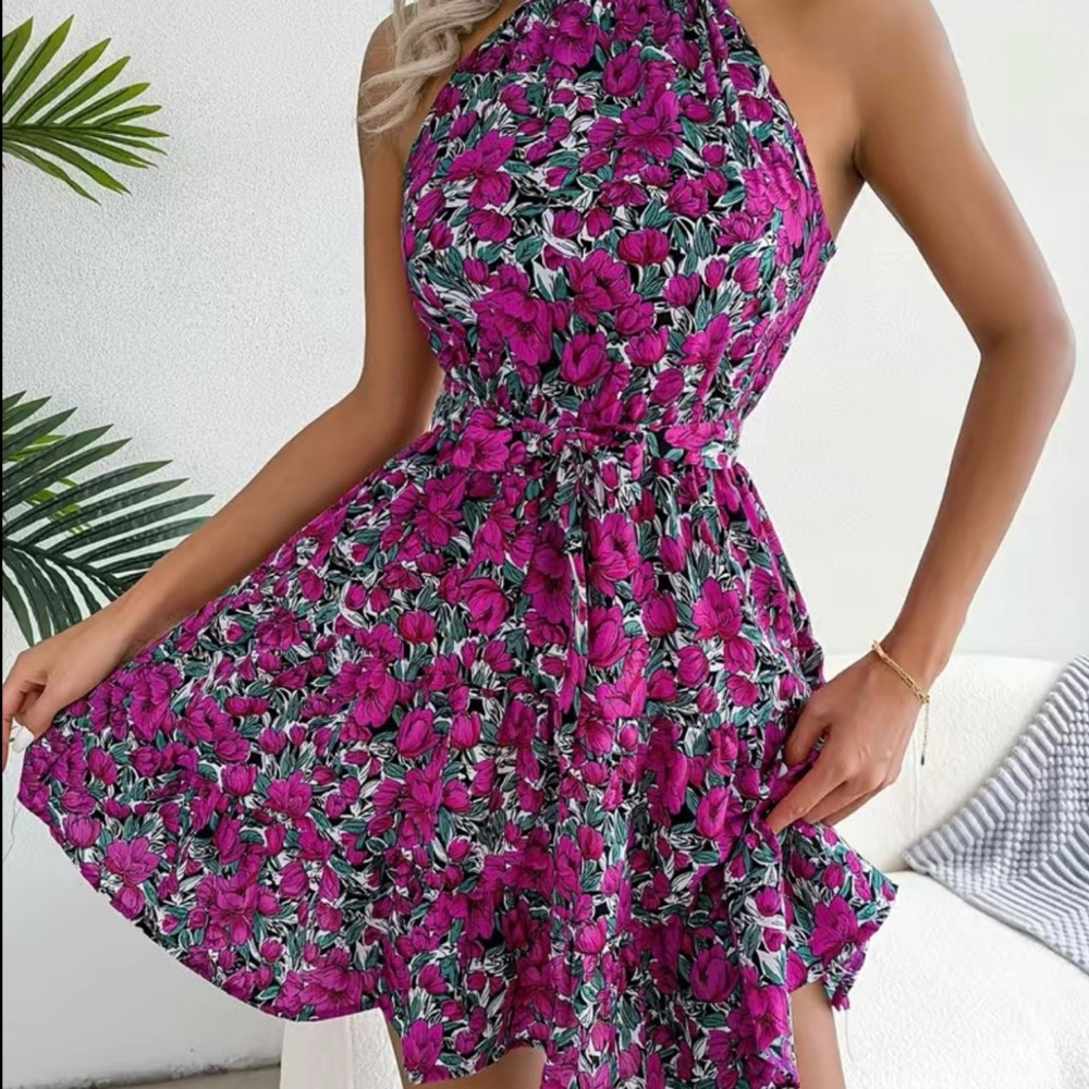 Pink and Green Sleeveless Halter Mini Sundress